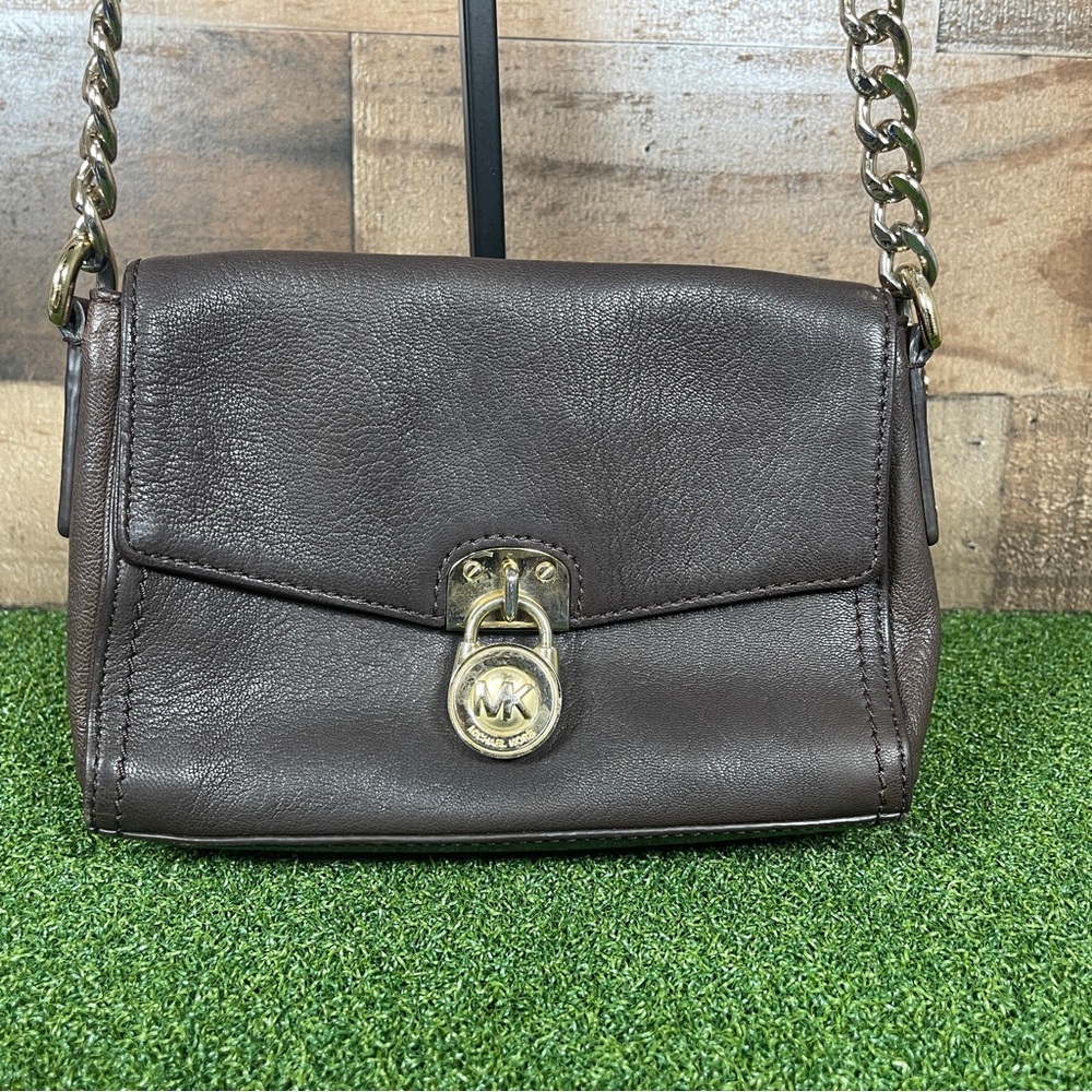 VTG MICHAEL KORS BABY HAMILTON Crossbody Brown Leather Chain Strap Padlock Flap - Picture 1 of 12
